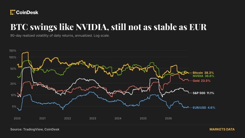 Bitcoin's price is as jumpy as Nvidia's and eight times more turbulent than the euro